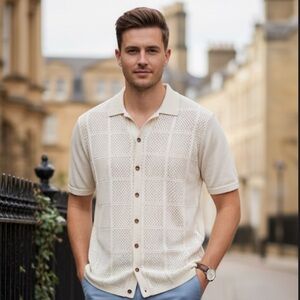 Lucky Brand Men’s Crochet Knit Button-Down Polo – NWT XL